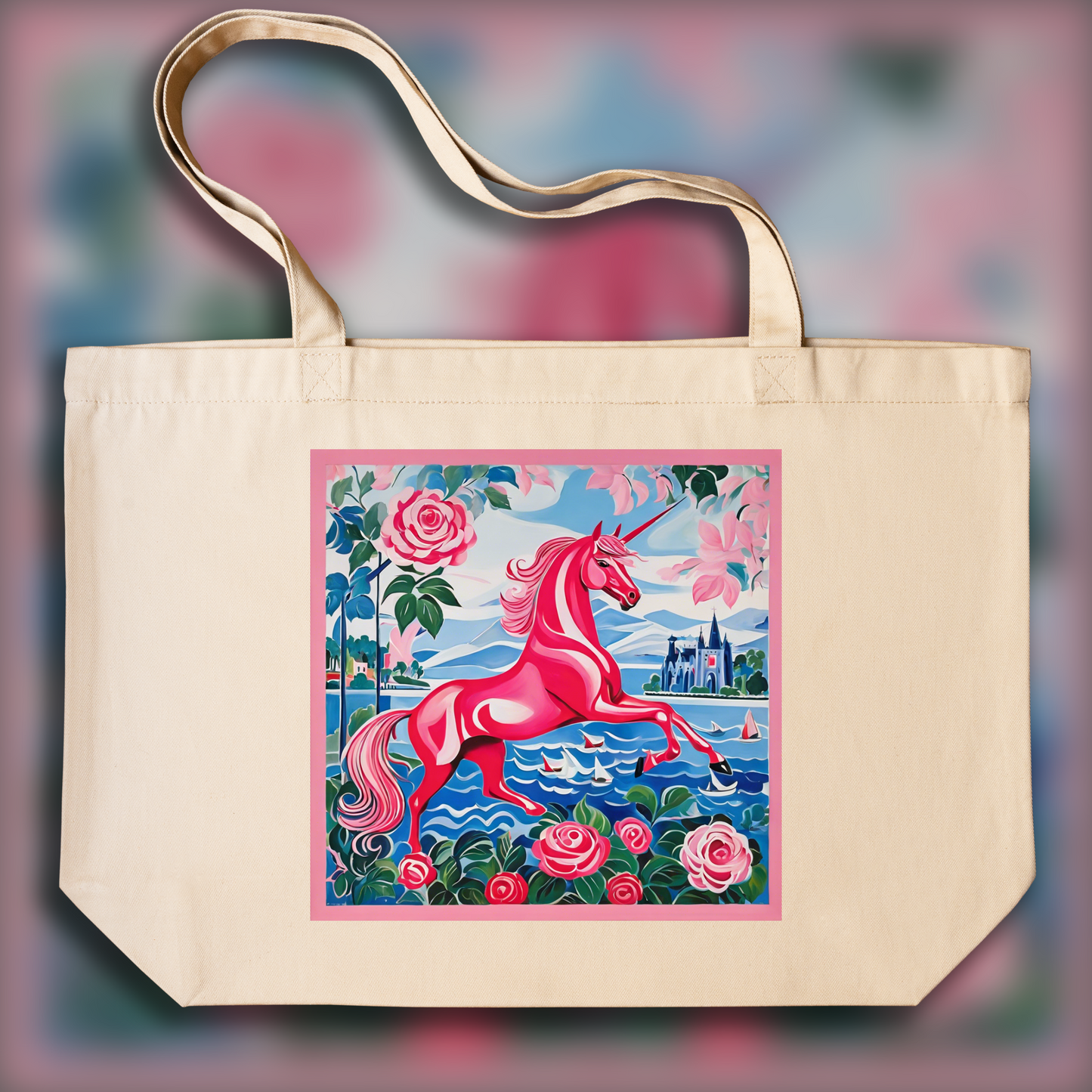 Tote bag - Scène lumineuse et joyeuse, motifs ludiques, Licorne rose - 817095620