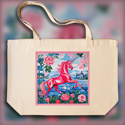 Tote bag - Scène lumineuse et joyeuse, motifs ludiques, Licorne rose - 817095620