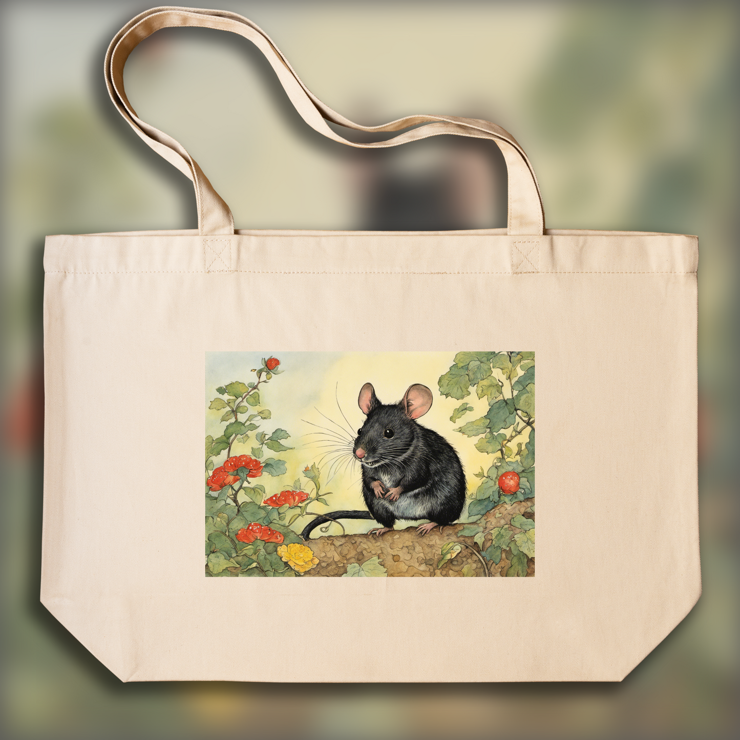 Tote bag - Contemporary naive American comic strip, a black mouse - 3077864417