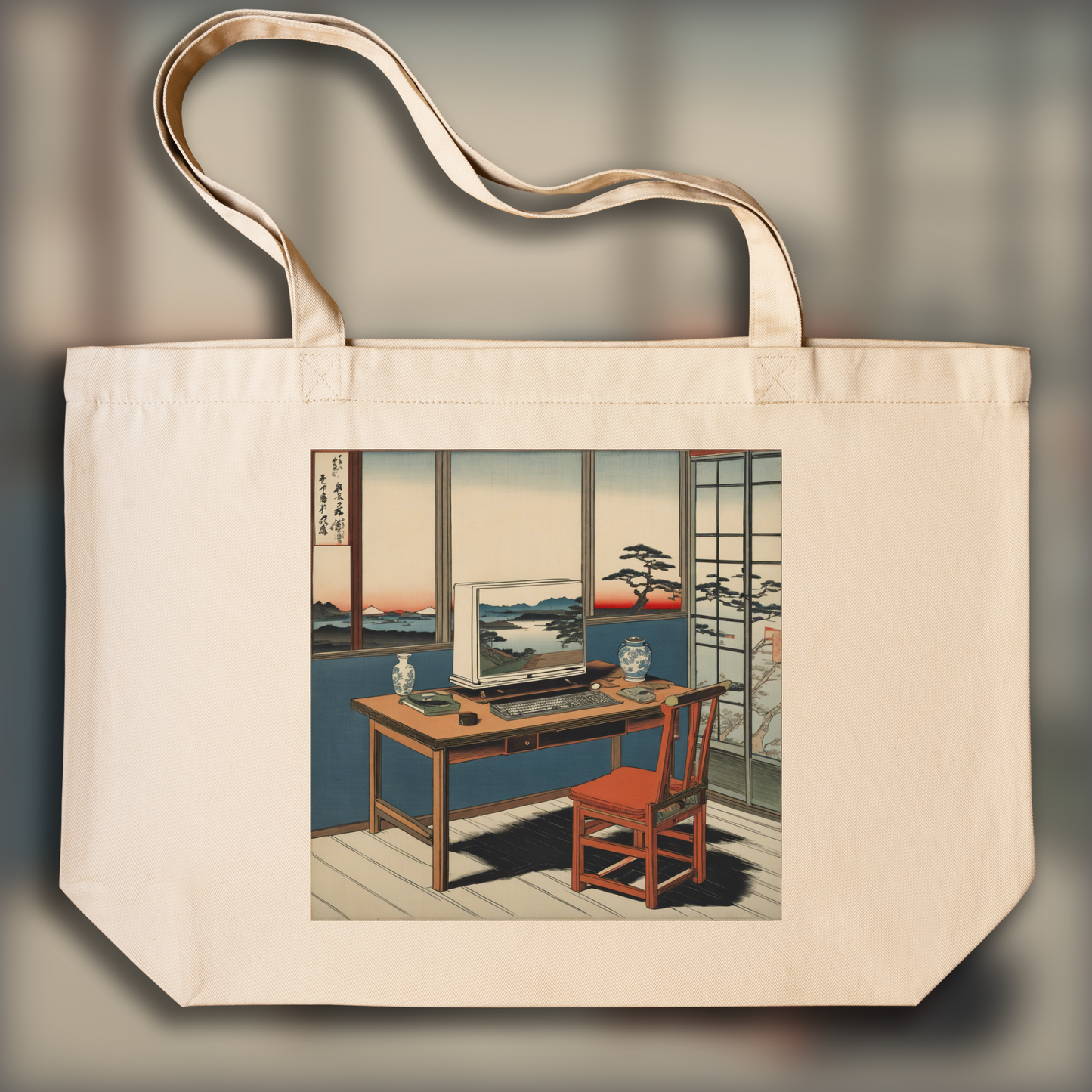 Tote bag - Poetic ukiyo-e views, fleeting moments, a computer on a table - 326776280