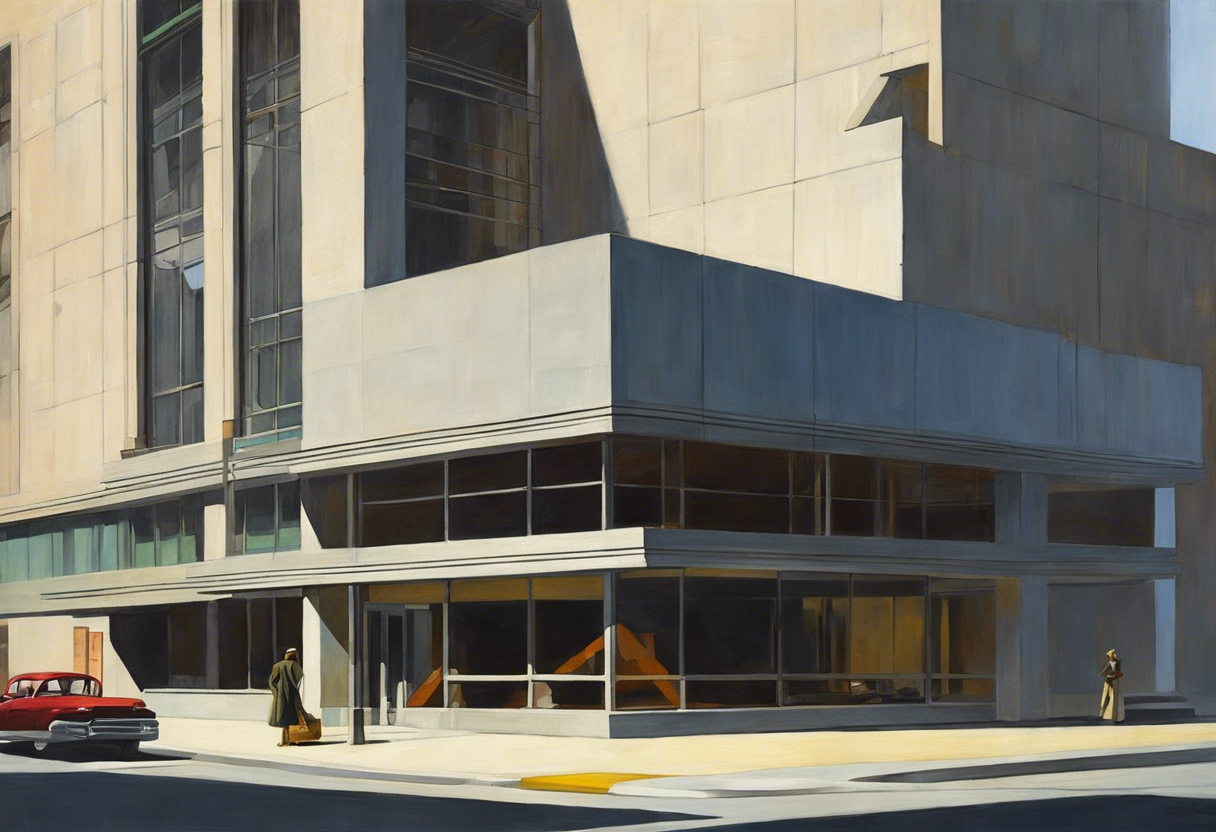 Poster - 20th century realistic American painting, Brutalist architecture, city - 1418294387