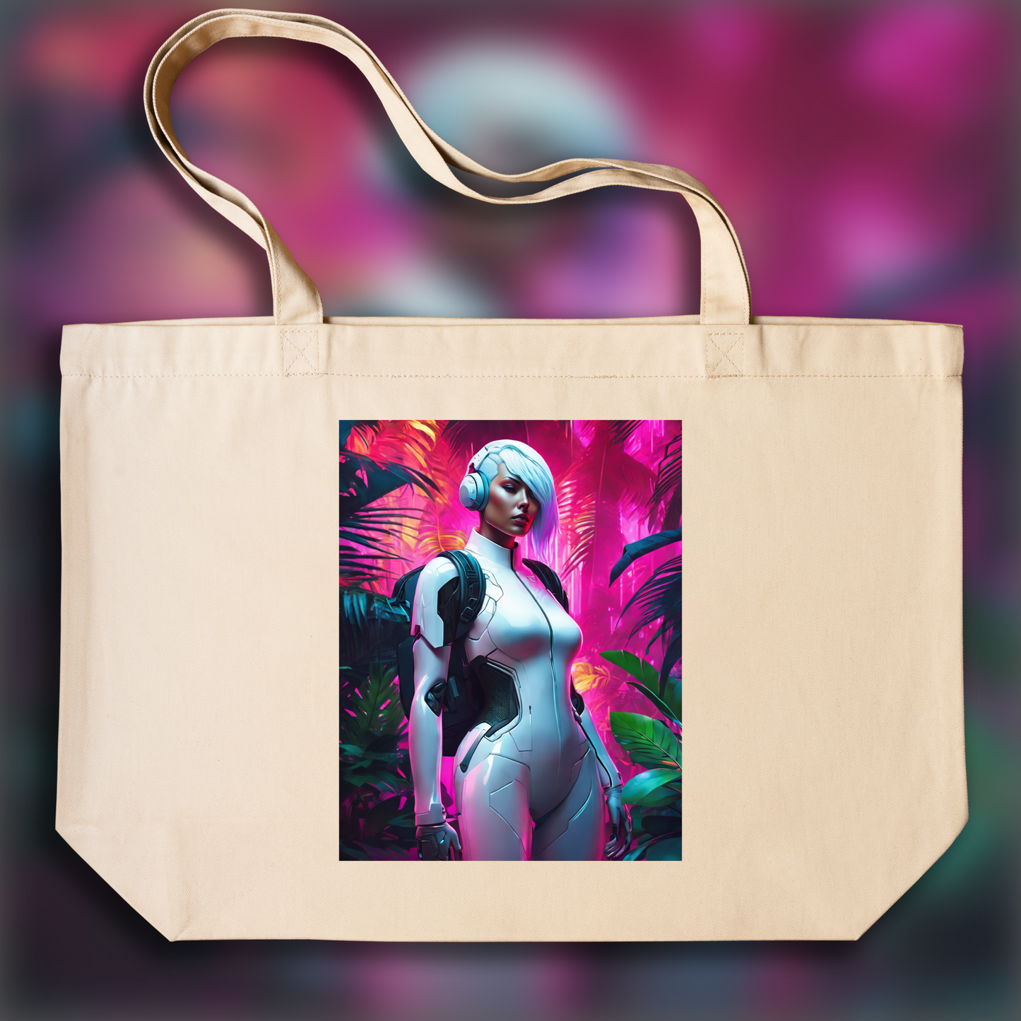 Tote bag - Neon punk, a white ghost in the shell cyborg in the Seychelles jungle - 1305163940