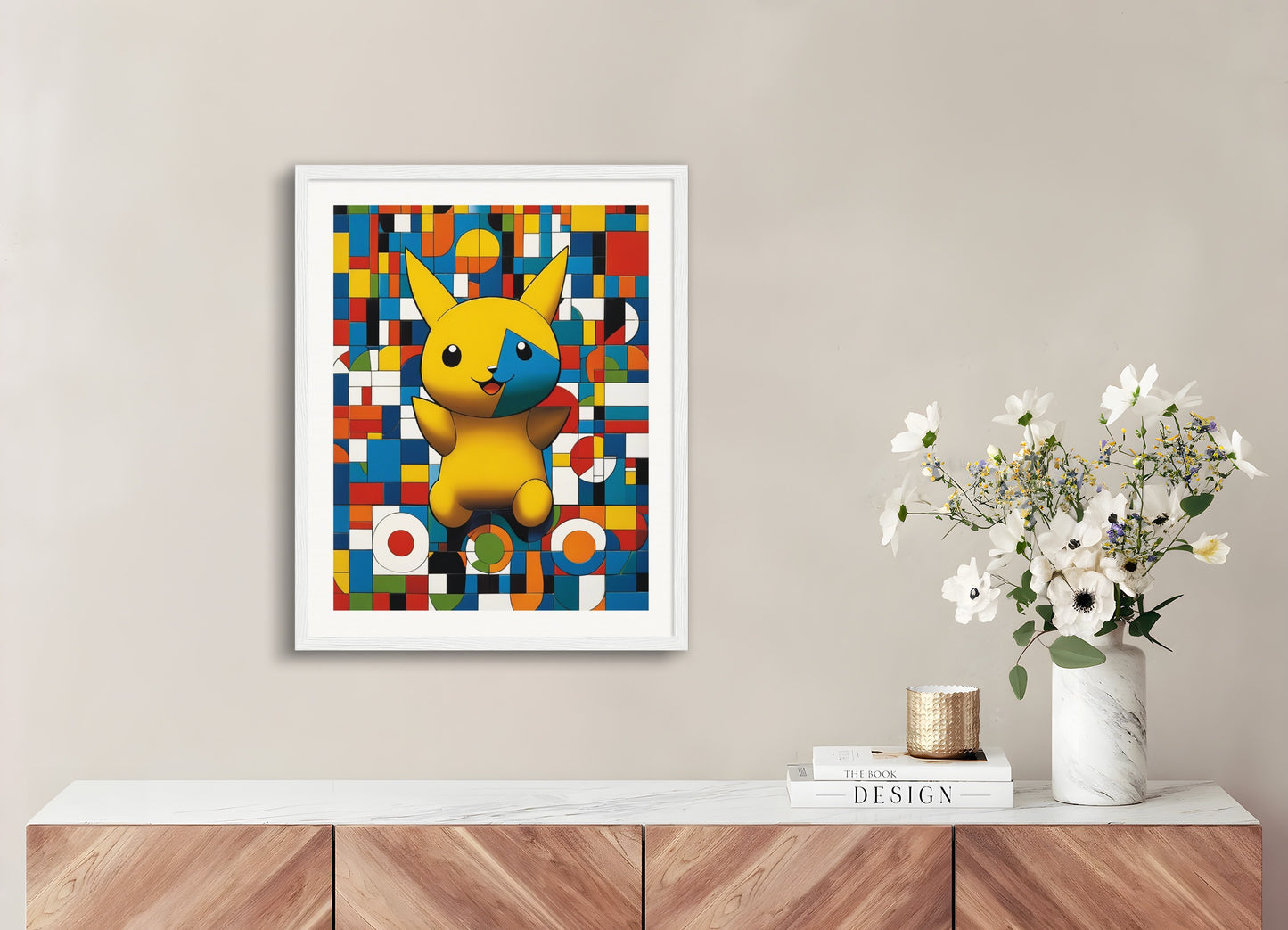 Poster with wood frame: Colorful and abstract images, capturing geometric compositions in landscapes, Pokémon