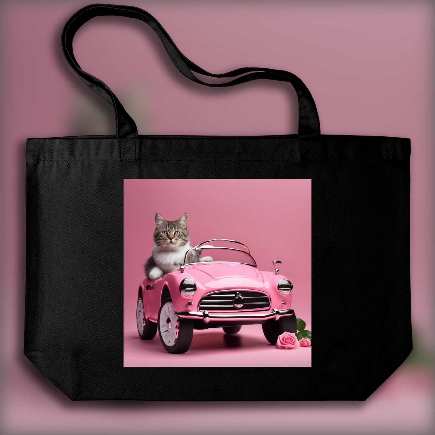 Tote bag - Voiture rose pour bébé avec un chat , Voiture rose  électrique pour bébé avec un chat  - 3131974221