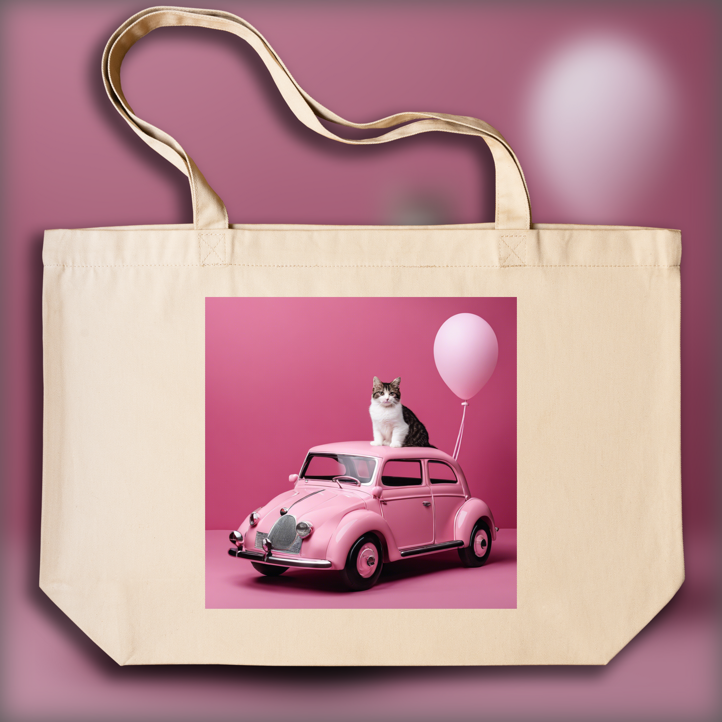 Tote bag - Pink baby car with a cat, Pink baby car with a cat - 1816371159