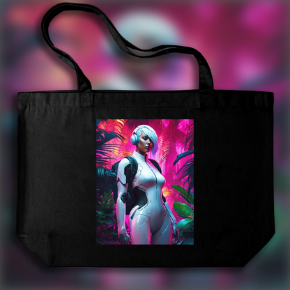 Tote bag - Neon punk, a white ghost in the shell cyborg in the Seychelles jungle - 1305163940