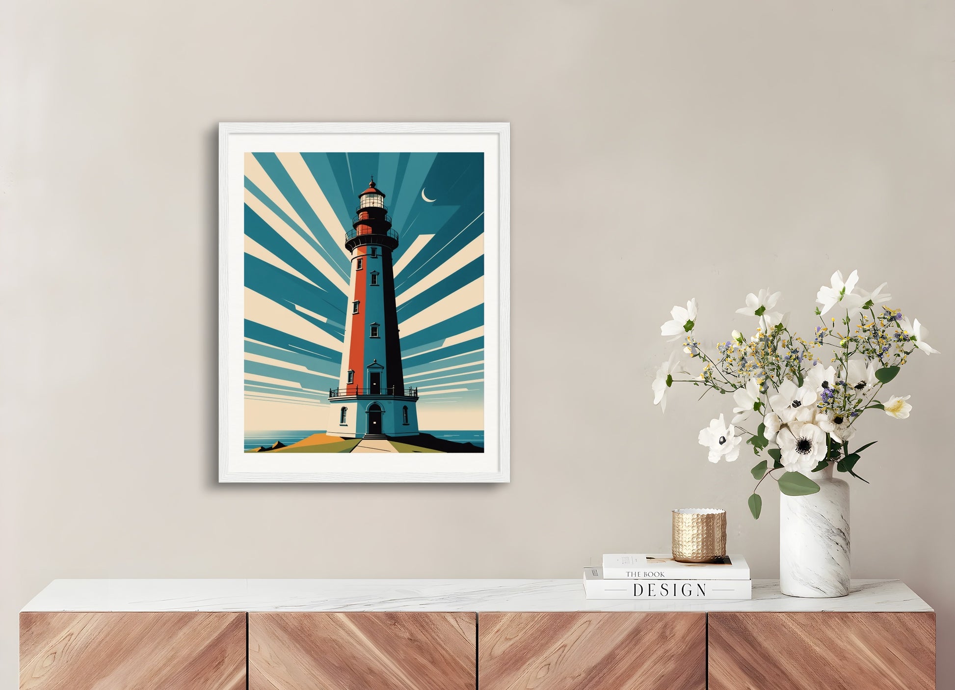 Poster with wood frame: Clean and functional style characterized by the use of geometry, restrained color palettes, Lighthouse