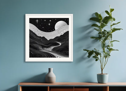 Poster with wood frame: Monochrome art, topographic lines on a cosmic background, Coffee