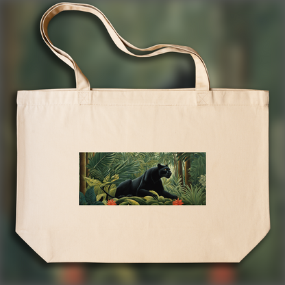 Tote bag - Dreamlike and naive jungles with fanciful precision, a fierce black panther in the jungle, close-up - 2977319408