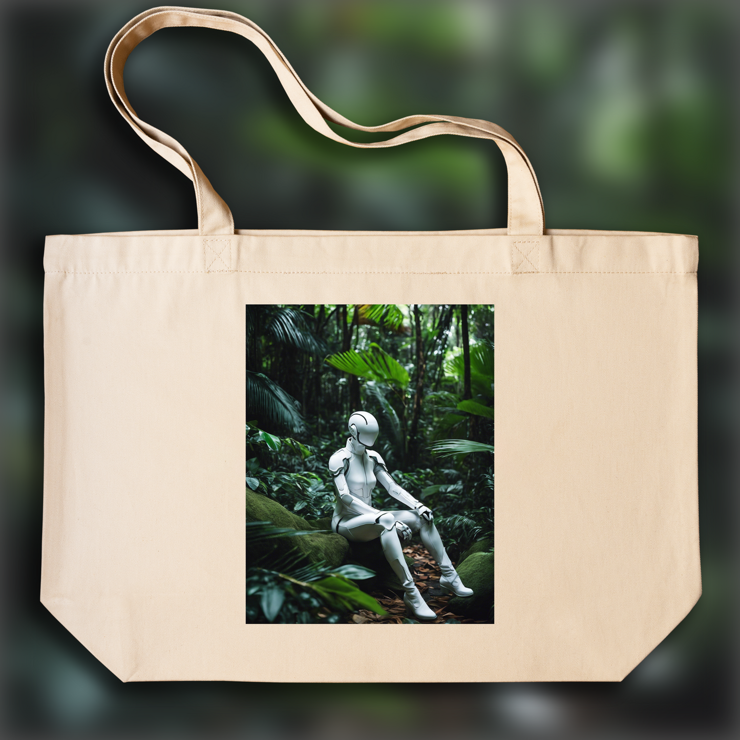 Tote bag - Photographie réaliste, a white ghost in the shell cyborg in the Seychelles jungle - 491533747