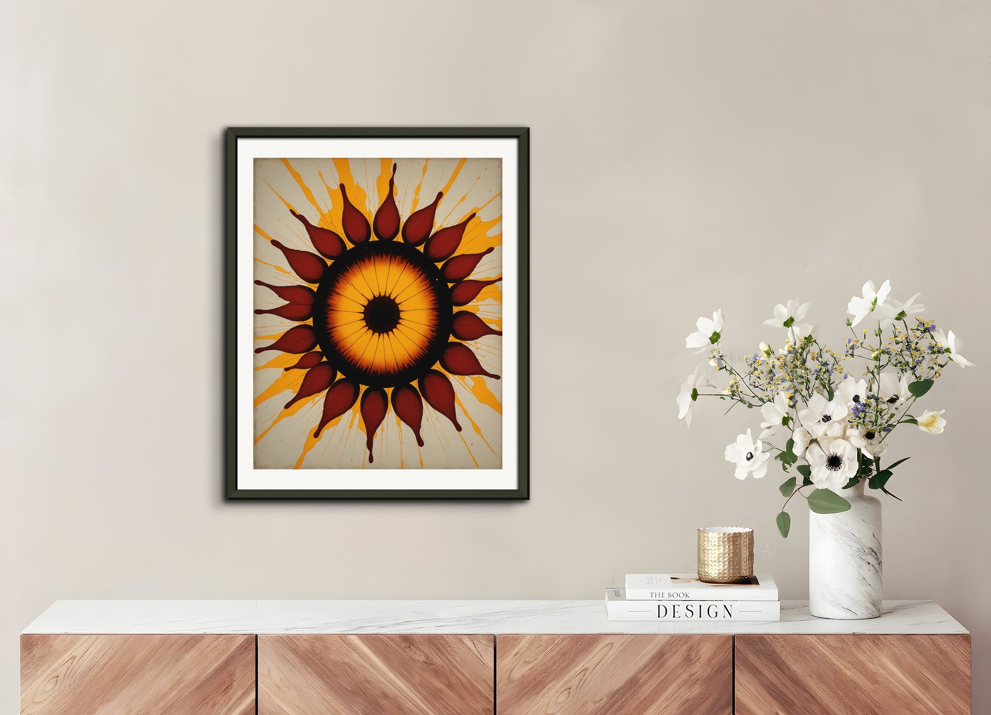 Poster with metal frame: Style centered on light and repetitive structures that explore the phenomena of perception and movement dynamics, Sun