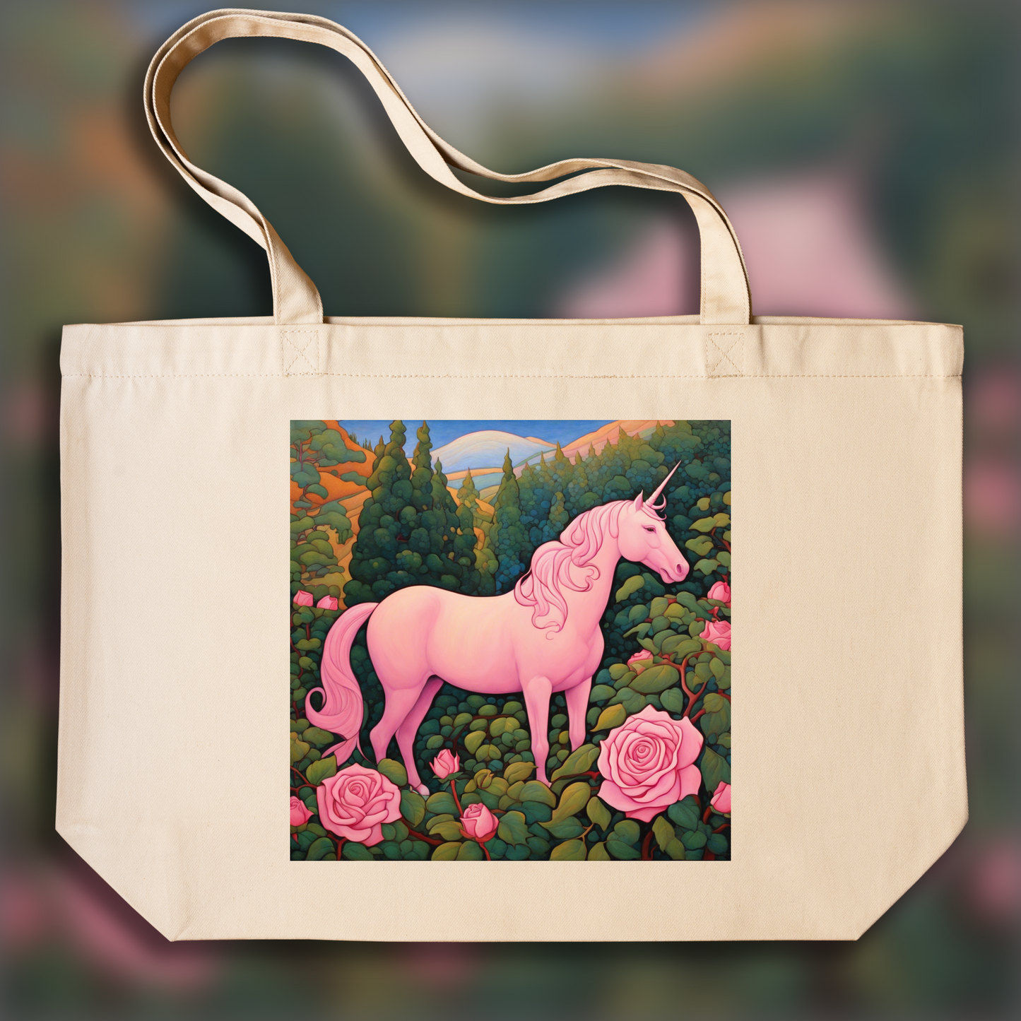 Tote bag - Mystical symbolist compositions in bright colors, Pink unicorn - 1988538524