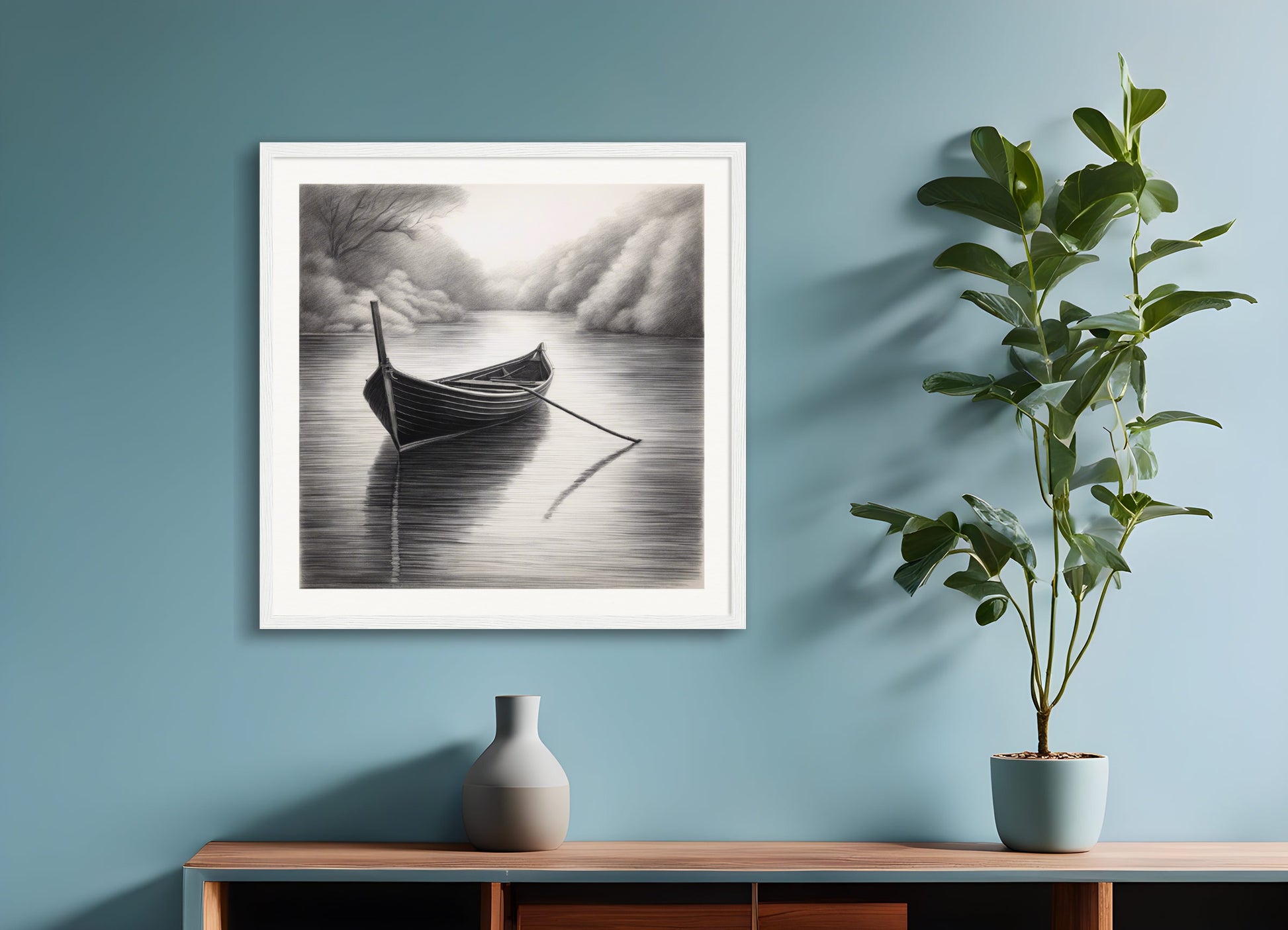 Poster with wood frame: Pencil drawing, Boat