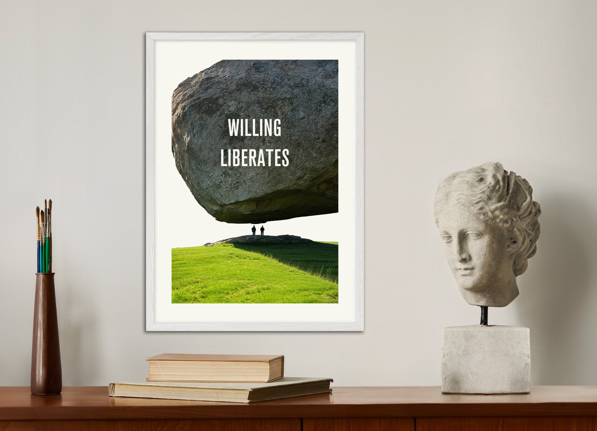 Poster with white wood frame: Willing liberates, Nietzsche