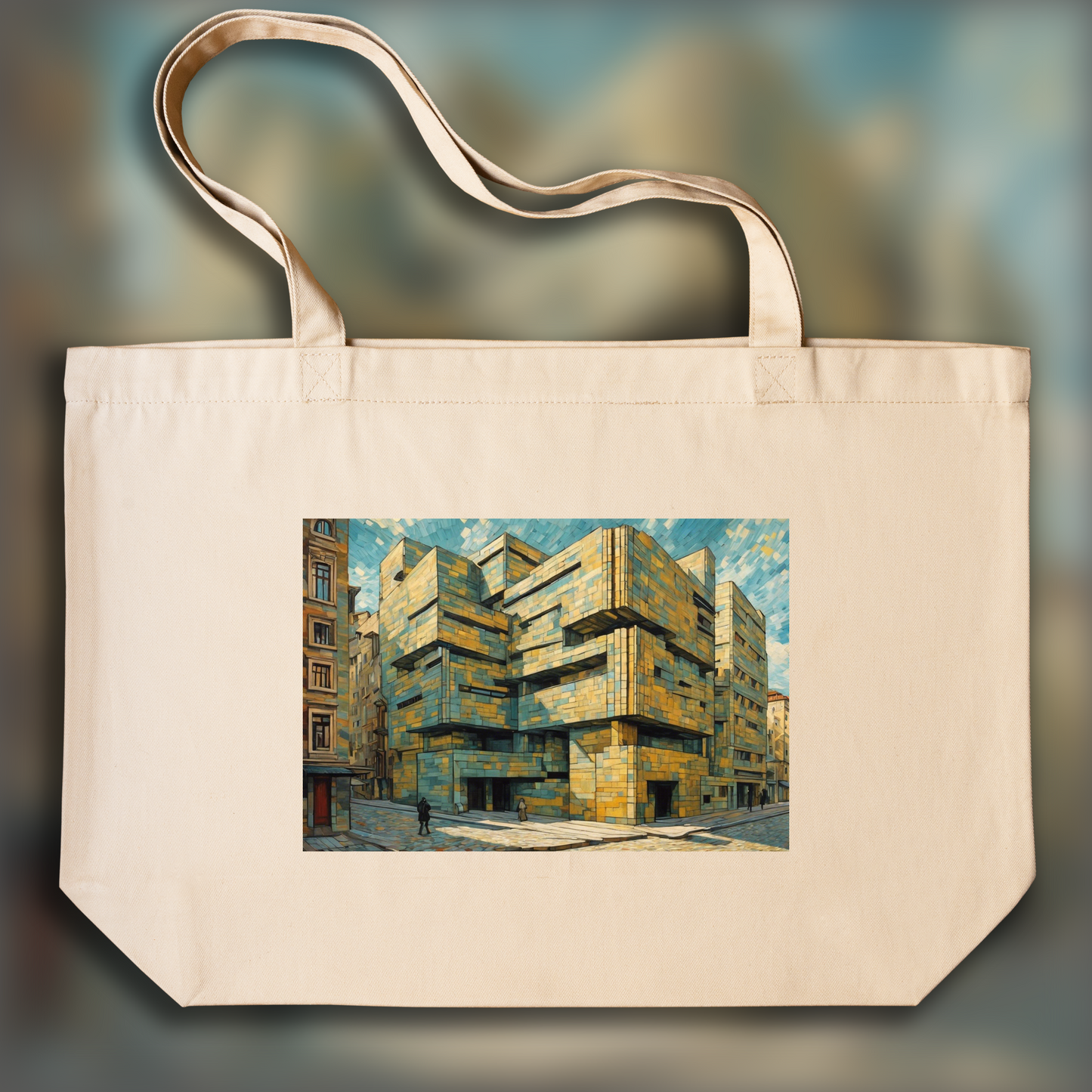 Tote bag - Painting capturing the passionate turbulence of nature and human emotion, Brutalist architecture, city - 4061858716