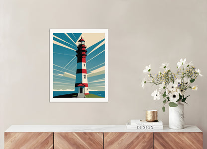 Poster: Clean and functional style characterized by the use of geometry, restrained color palettes, Lighthouse