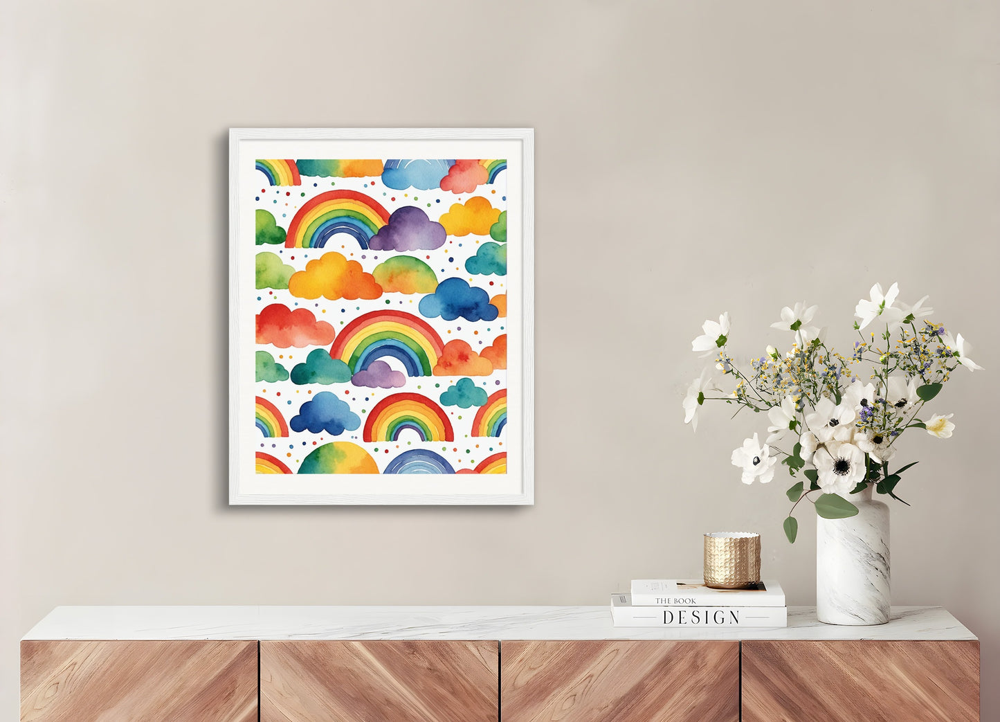 Poster with wood frame: Childish watercolor, rainbow on white background