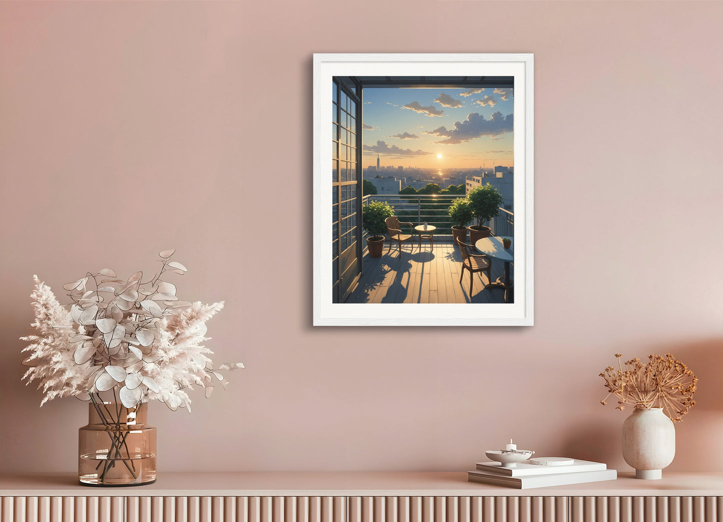 Poster with wood frame: Japanese contemporary anime, A quiet terrace, setting sun