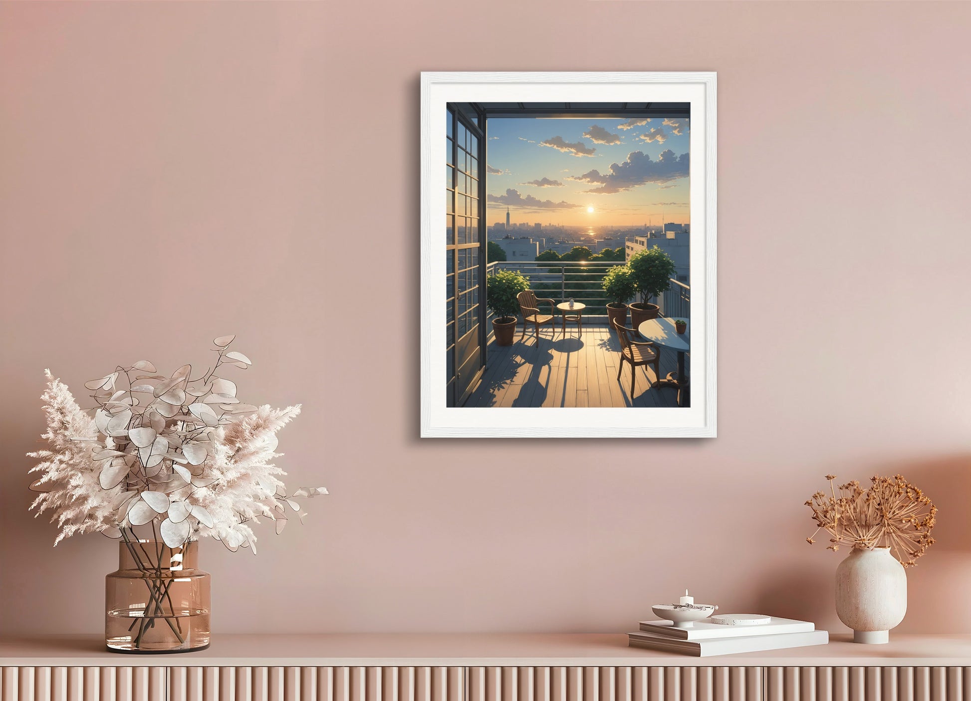 Poster with wood frame: Japanese contemporary anime, A quiet terrace, setting sun