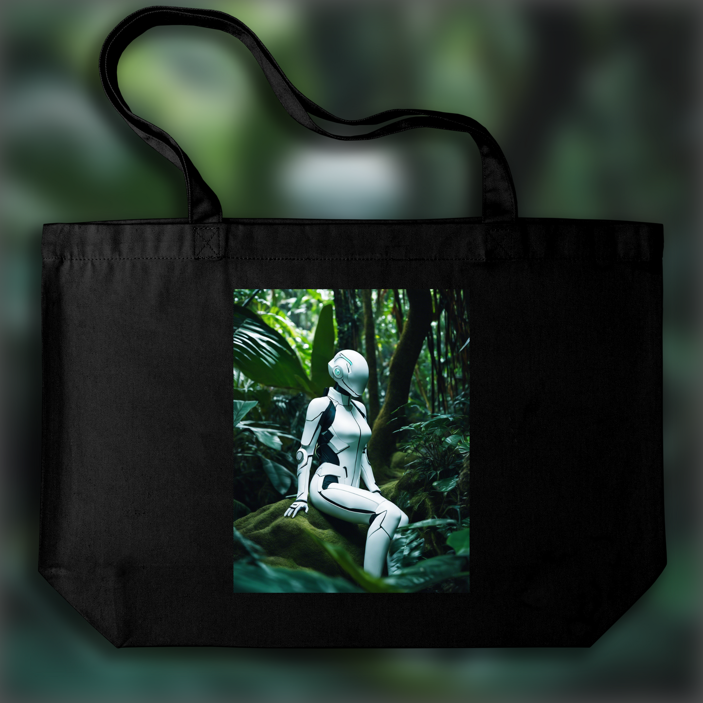 Tote bag - Realistic photography, a white ghost in the shell cyborg in the Seychelles jungle - 1984188090