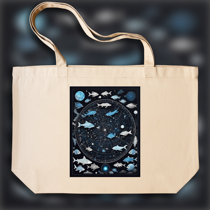 Tote bag - Constellations beautiful drawing, blue color on black background, Astrology, fishes - 3410702061