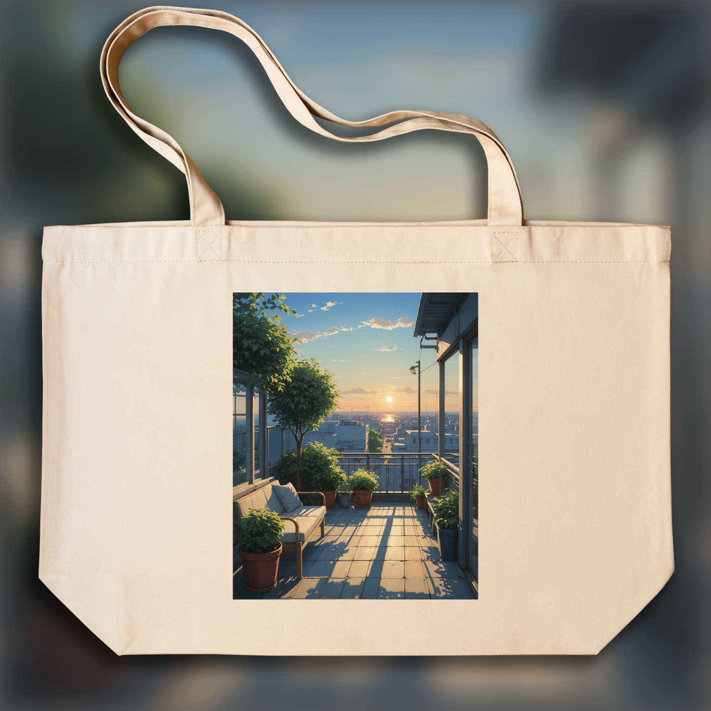 Tote bag - Animé contemporain japonais, Une terrasse tranquille, soleil couchant - 3336632727