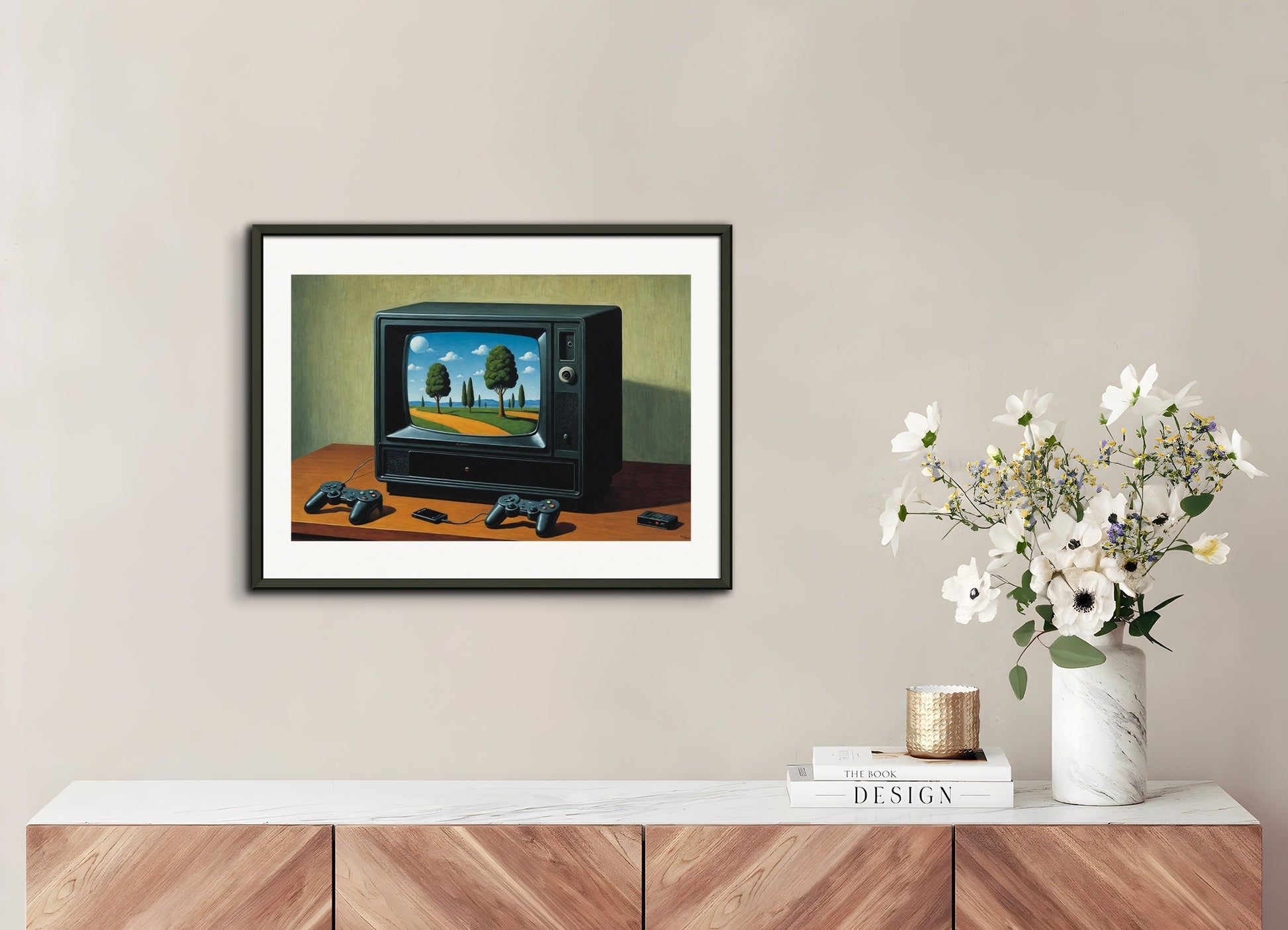 Poster with metal frame: Belgian surrealism, Video game console