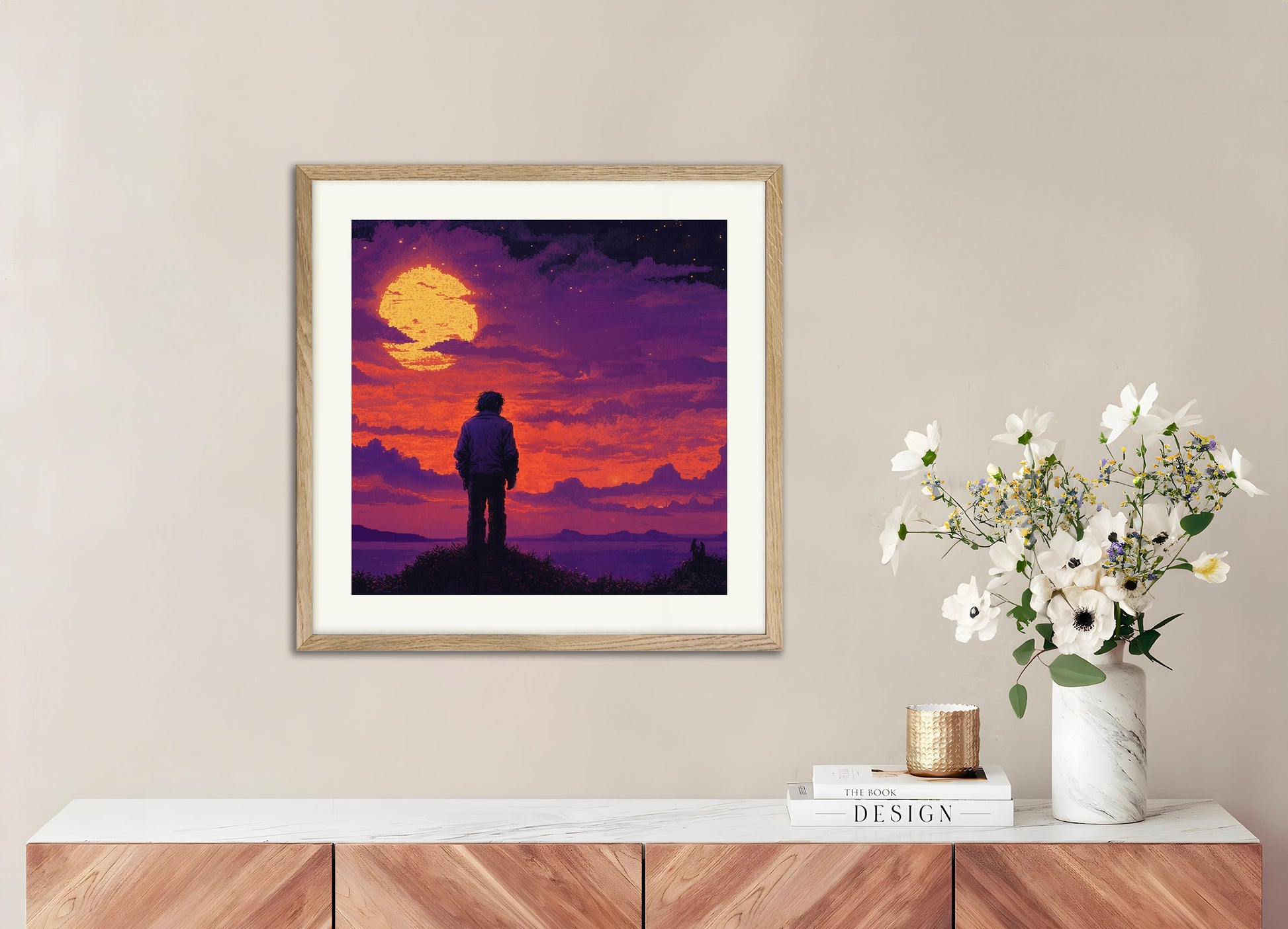 Poster with natural wood frame: Retro video game, mystical sunset