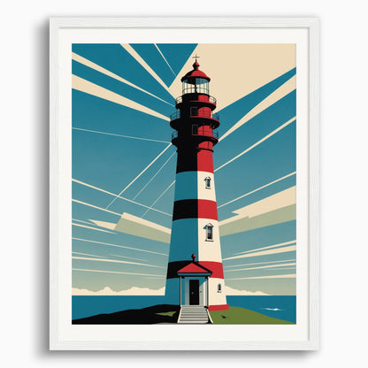 Poster: Clean and functional style characterized by the use of geometry, restrained color palettes, Lighthouse