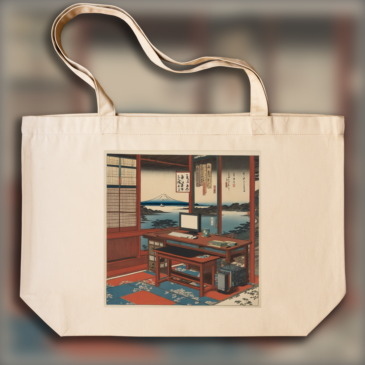 Tote bag - Vues poétiques ukiyo-e, moments fugaces, a computer on a table - 204780258