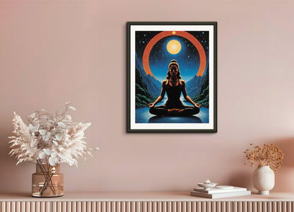 Poster with metal frame: French science fiction comics, dreamlike and psychedelic landscapes, Yoga