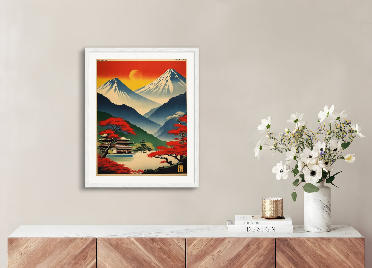 Poster with wood frame: Japanese vintage poster, Mountains