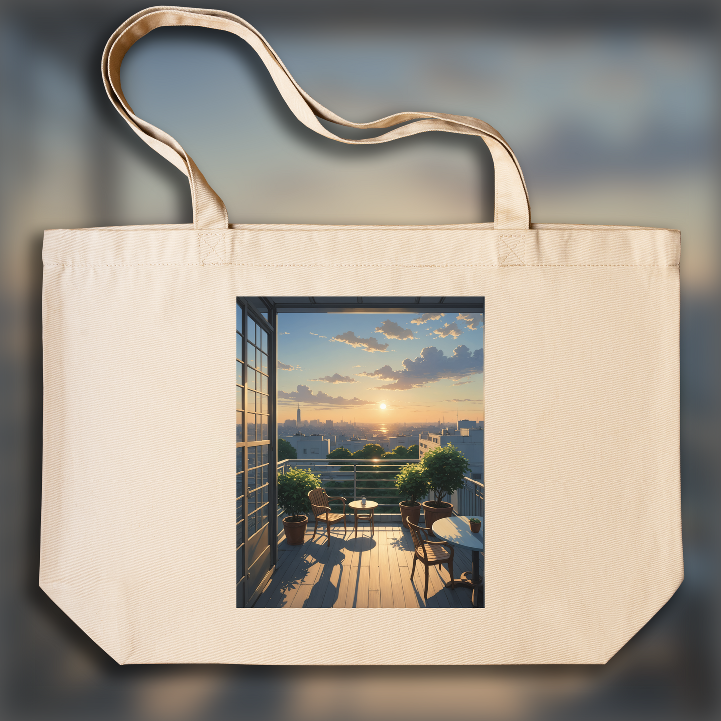 Tote bag - Japanese contemporary anime, A quiet terrace, setting sun - 3054632109