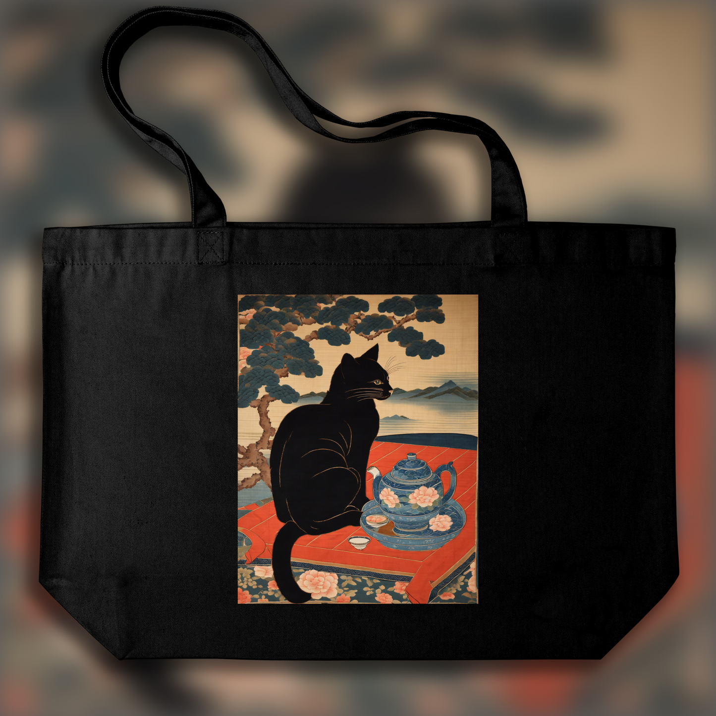 Tote bag - Tapisserie japonaise du XIXème siècle, A black cat drinking tea - 1733387598