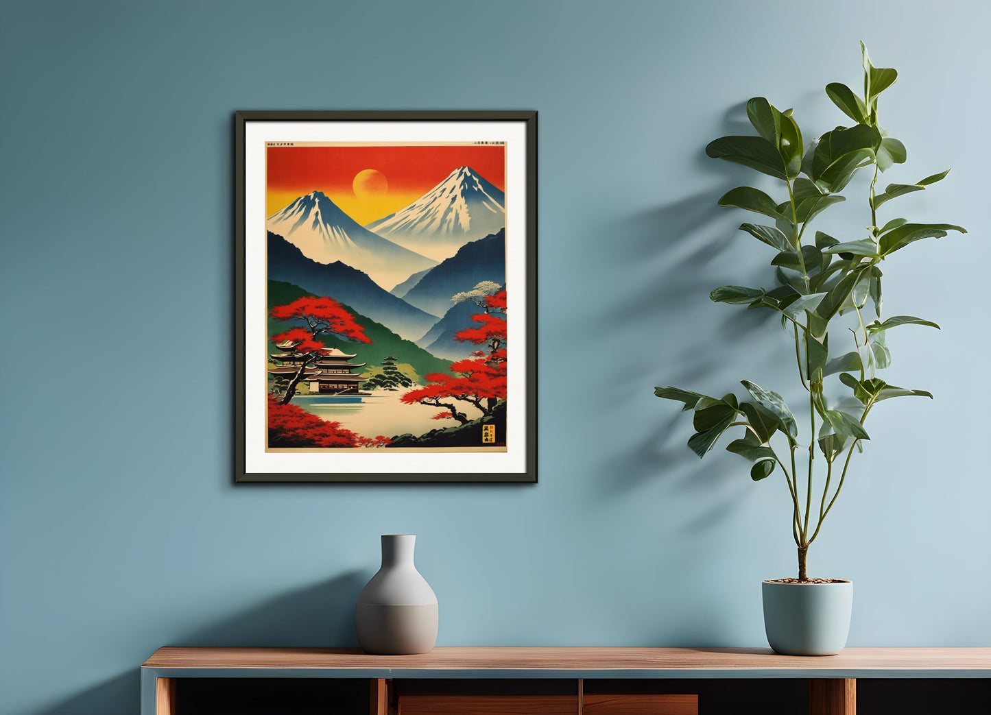 Poster with metal frame: Japanese vintage poster, Mountains