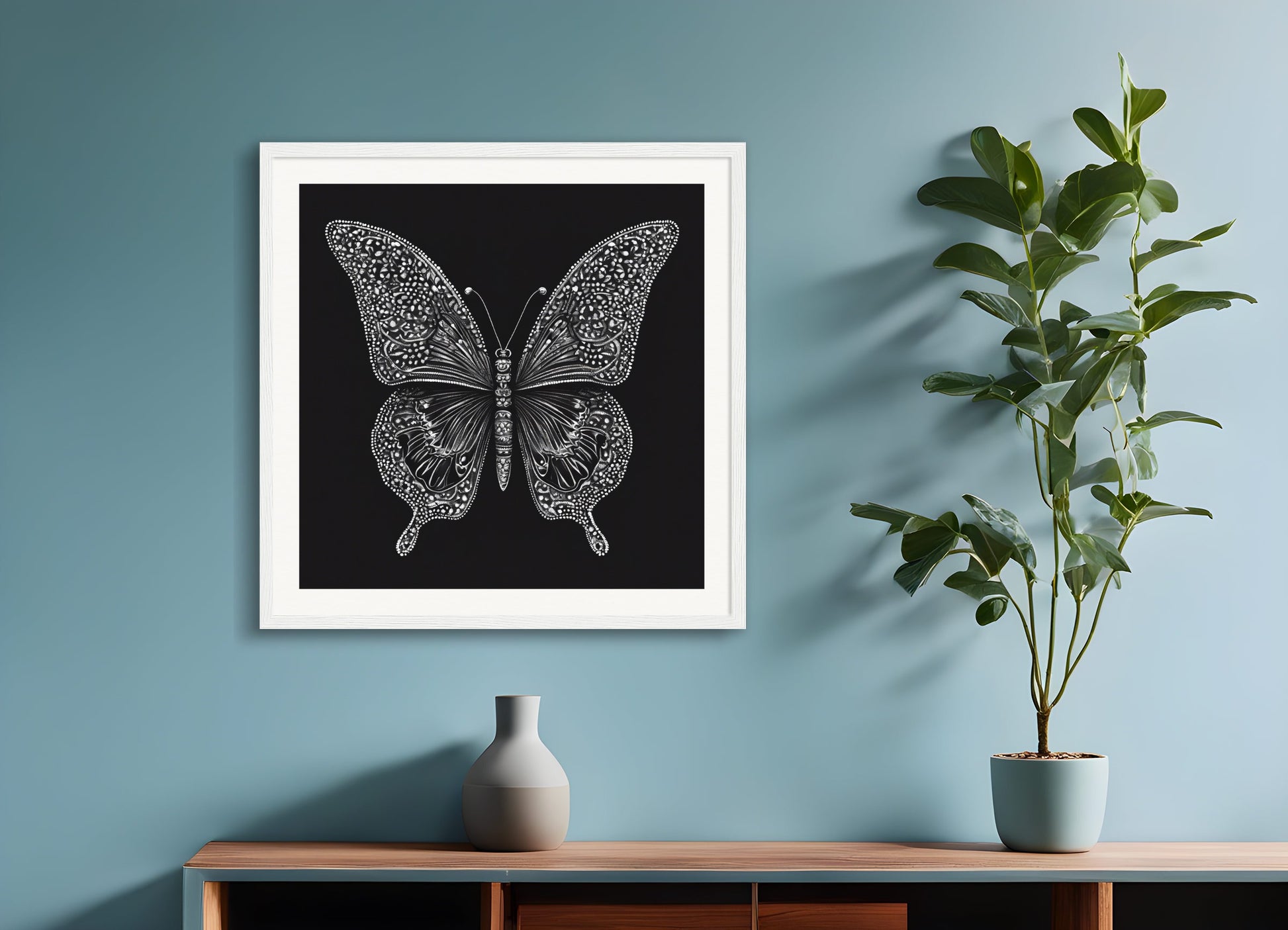 Poster with wood frame: Highly contrasted stippling art, Butterfly