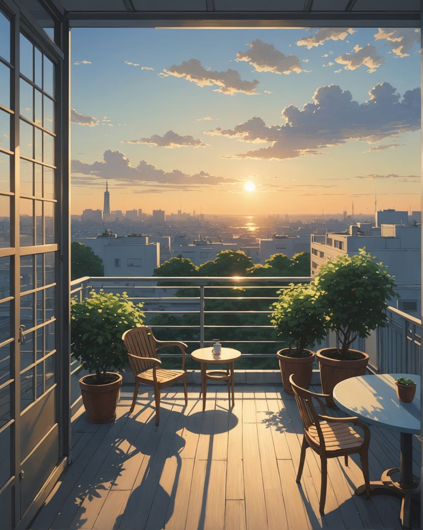 Image - Japanese contemporary anime, A quiet terrace, setting sun - 3054632109