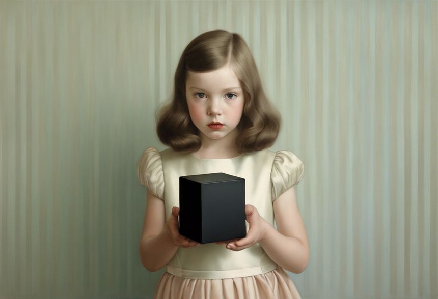 Image - Formal portraits of children with aristocratic rigidity, Girl holding a mysterious black cube - 3409212965