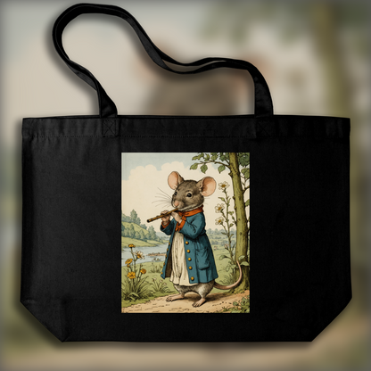 Tote bag - British illustrations, innocent and nostalgic childhood, a mouse playing the flute - 2394063320