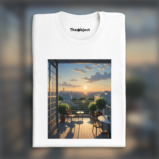 T-Shirt - Japanese contemporary anime, A quiet terrace, setting sun - 3054632109