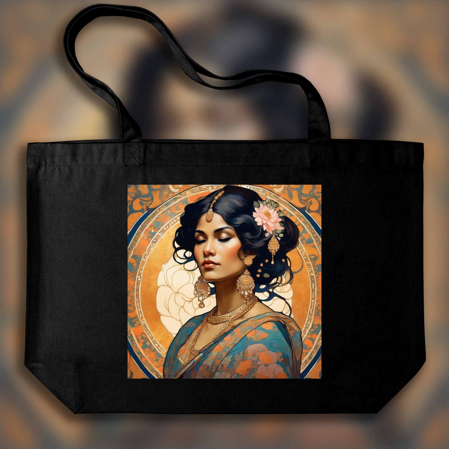 Tote bag - Much rococo climate, Indian woman in sari portrait from side in the style of demure vintage Japanese  - 698678321