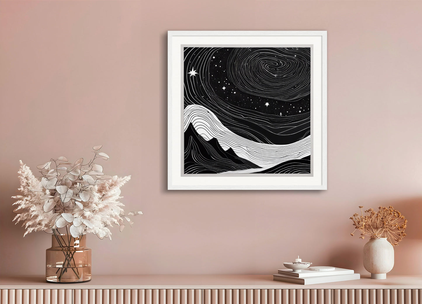 Poster with wood frame: Monochrome art, topographic lines on a cosmic background, Coffee