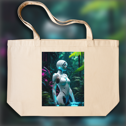 Tote bag - Neon punk, a white ghost in the shell cyborg in the Seychelles jungle - 3139647336