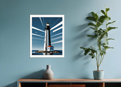 Poster: Clean and functional style characterized by the use of geometry, restrained color palettes, Lighthouse