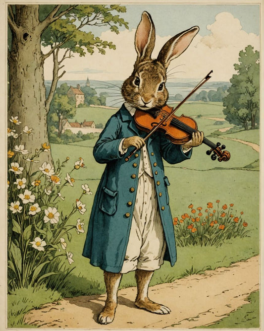 Image - British illustrations, innocent and nostalgic childhood, rabbit playing the violin - 3591799511