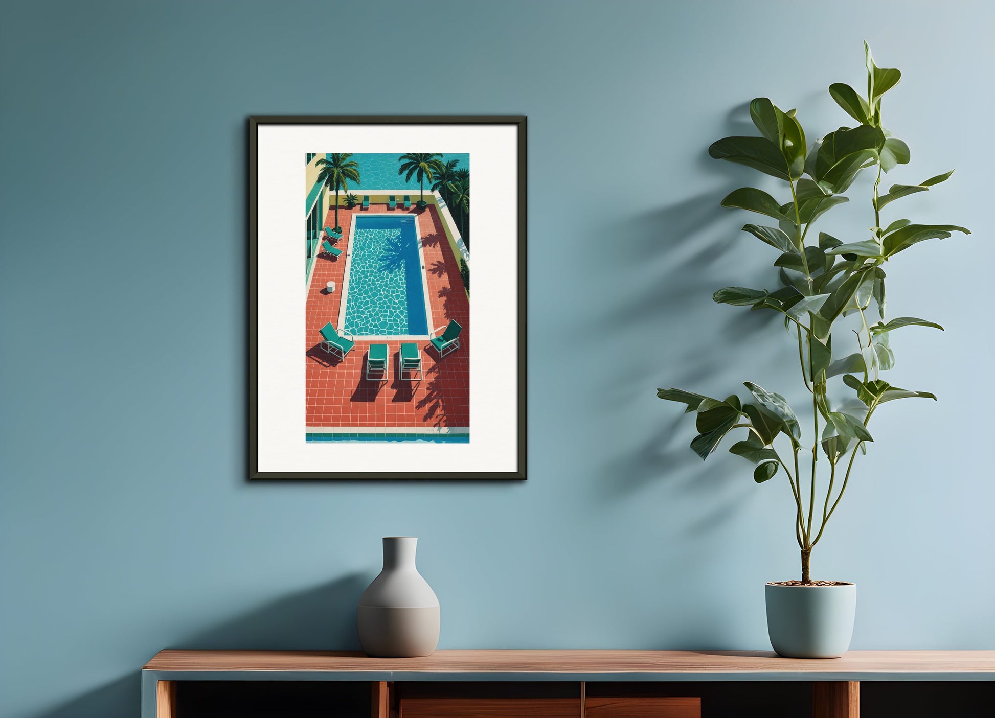 Poster with metal frame: david hockney, pool in a hotel in miami