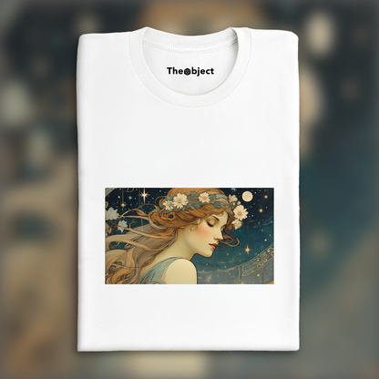 T-Shirt - Fusion enchantée de lignes ornées et de formes fluides, close up portrait of a women and starry night sky - 3970268897