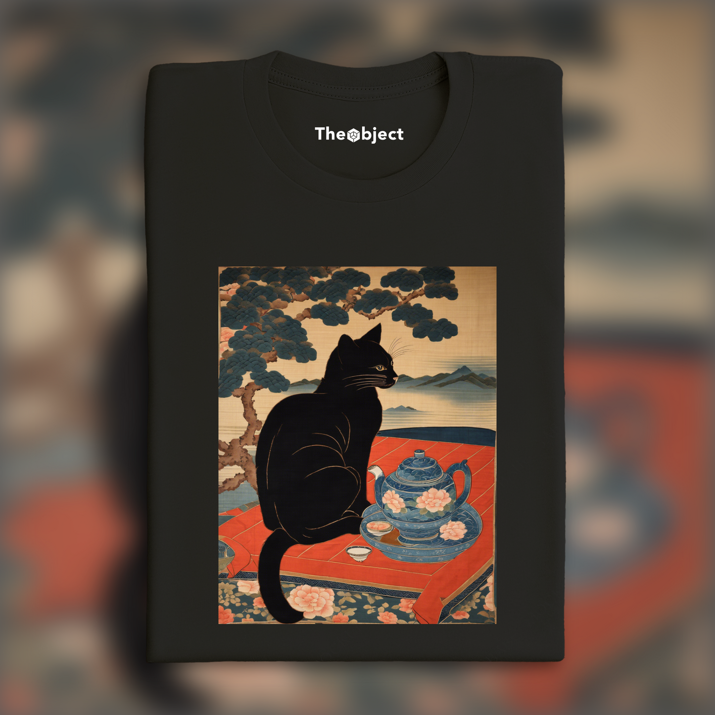 T-Shirt - 19th century Japanese tapestry, A black cat drinking tea - 1733387598