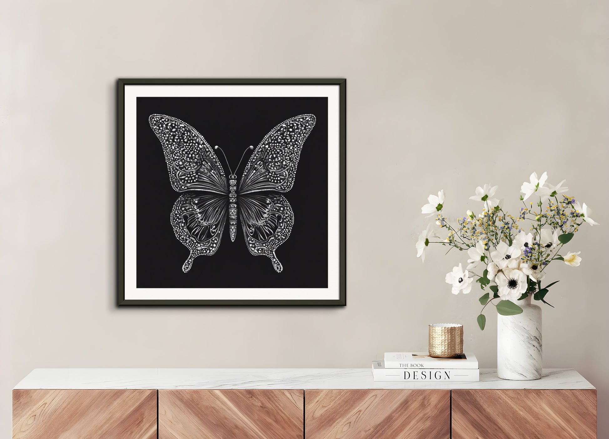 Poster with metal frame: Highly contrasted stippling art, Butterfly