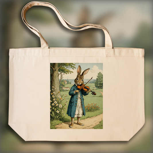 Tote bag - British illustrations, innocent and nostalgic childhood, rabbit playing the violin - 3591799511